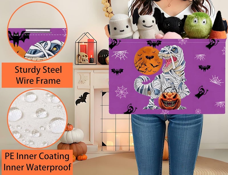 BOOHIT Large Halloween Themed Candy Gift Boo Basket for Kids Baby Personalized Adults Storage Bin Fall Decor(Purple Dinosaur) - Image 3